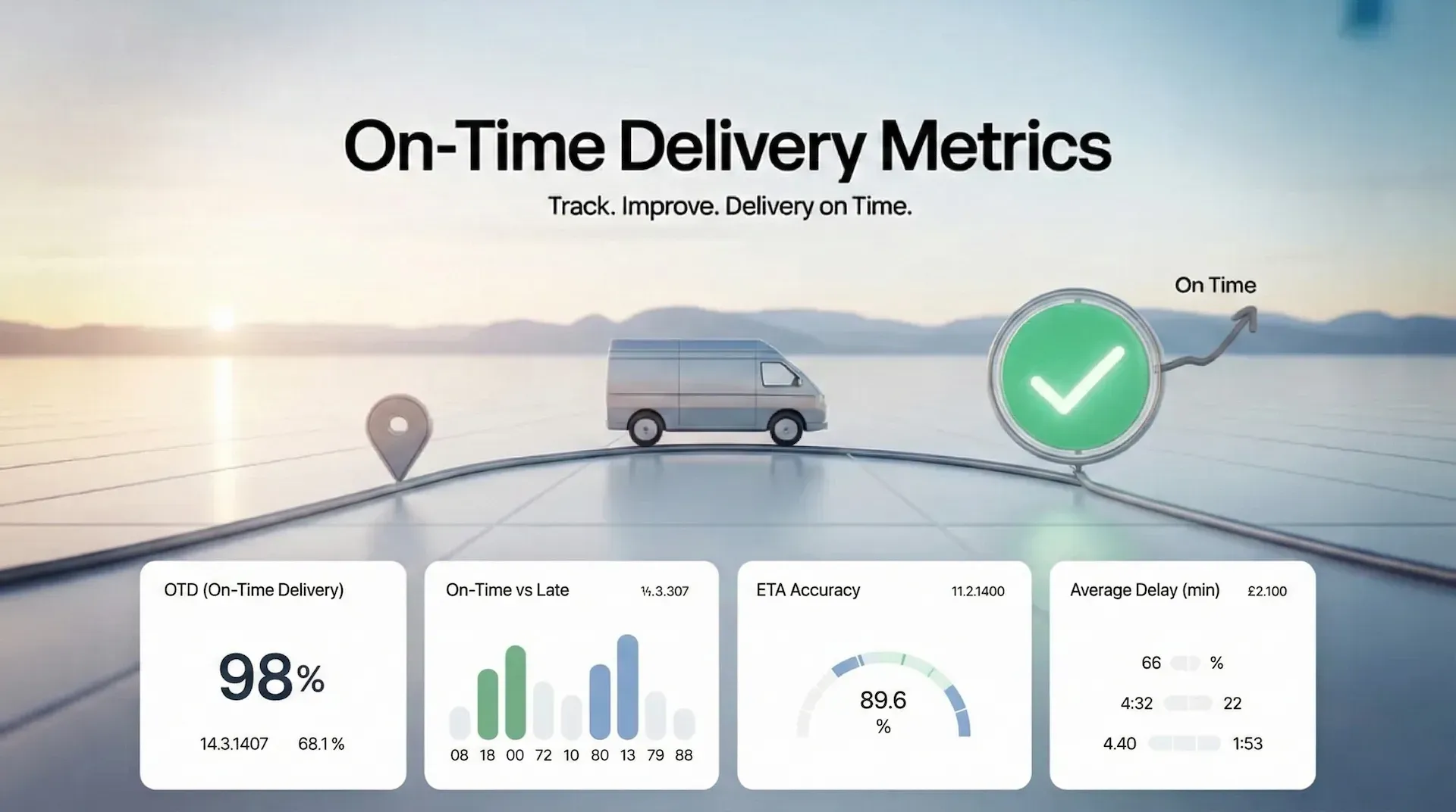 On-time delivery metrics dashboard with van, OTD rate, ETA accuracy, delay stats