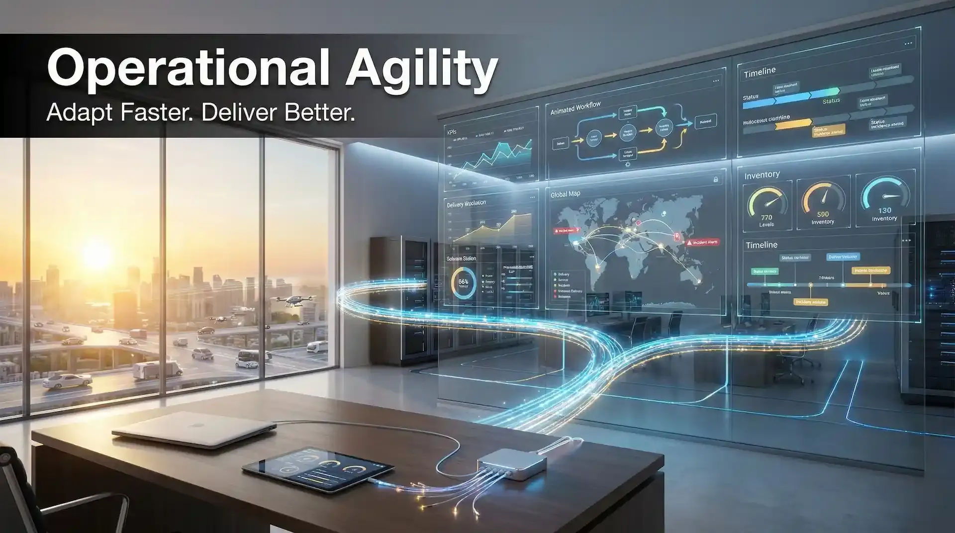 Operational agility control room with real-time dashboards and flowing data lines