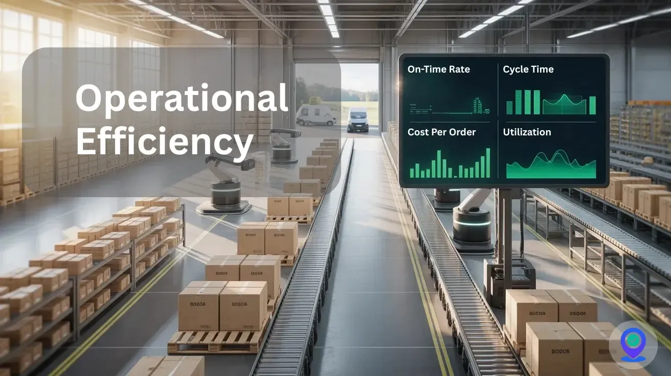 Warehouse scene labeled “Operational Efficiency” with KPI dashboards on screen