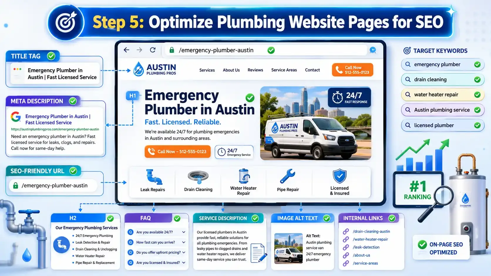 Plumbing website page SEO optimization dashboard graphic
