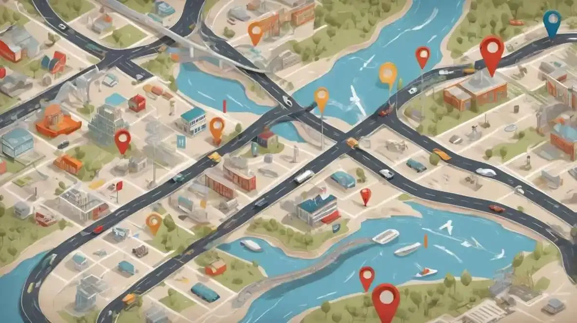 Illustrated map with route markers and icons indicating locations on roads and waterways.