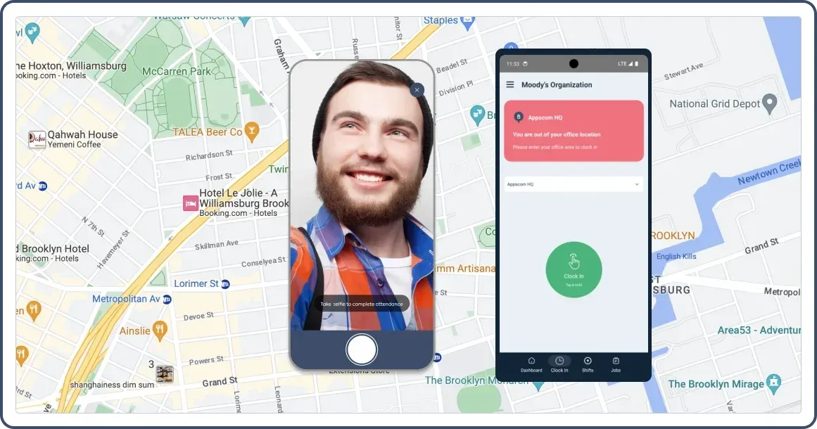 Map, selfie screen for attendance, and mobile alert for clocking in outside office location