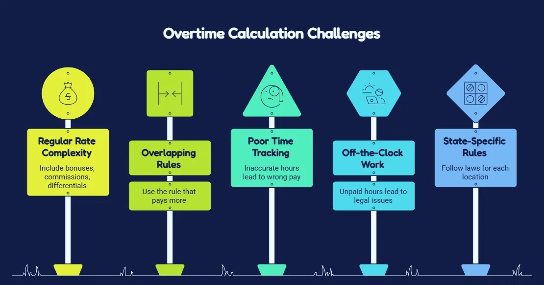 Overtime calculation challenges infographic with five rules