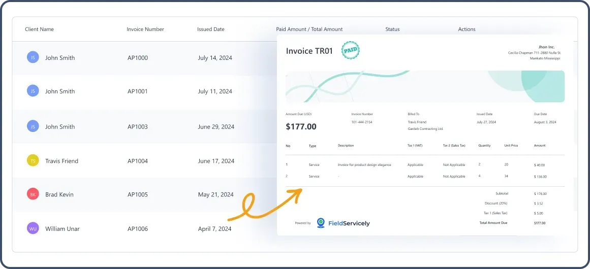 Invoice list with a detailed view of a paid invoice TR01 for $177 highlighted.