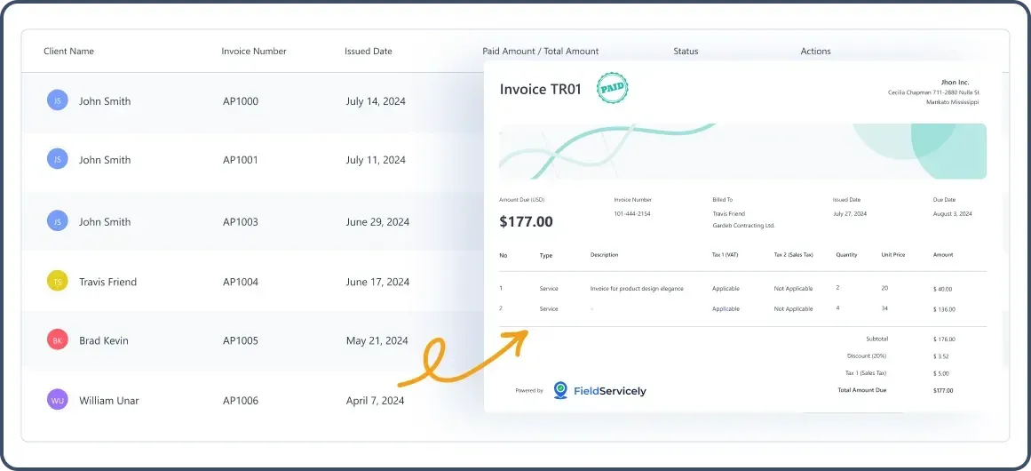 Construction invoice history inside FieldServicely web app with an interface of paid invoices.