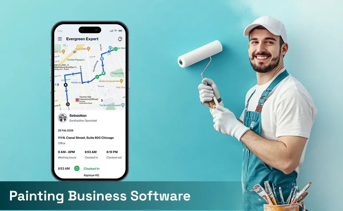 A painter smiling and an app for painting business software on the left