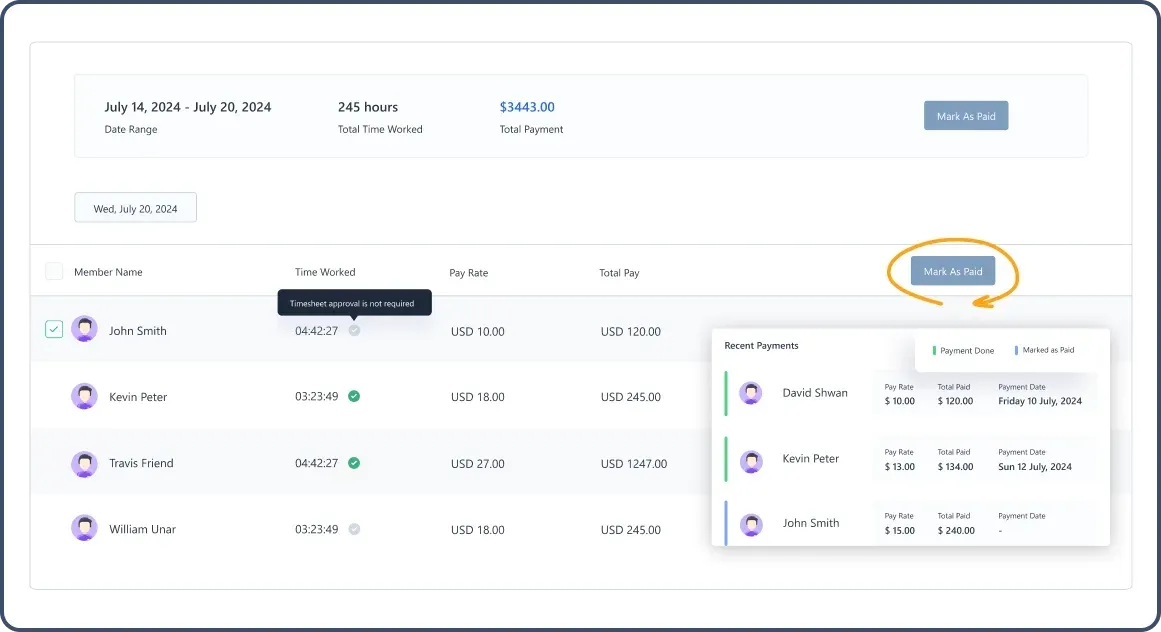 Payroll dashboard showing timesheets, payments, and a "Mark As Paid" button highlighted in orange.