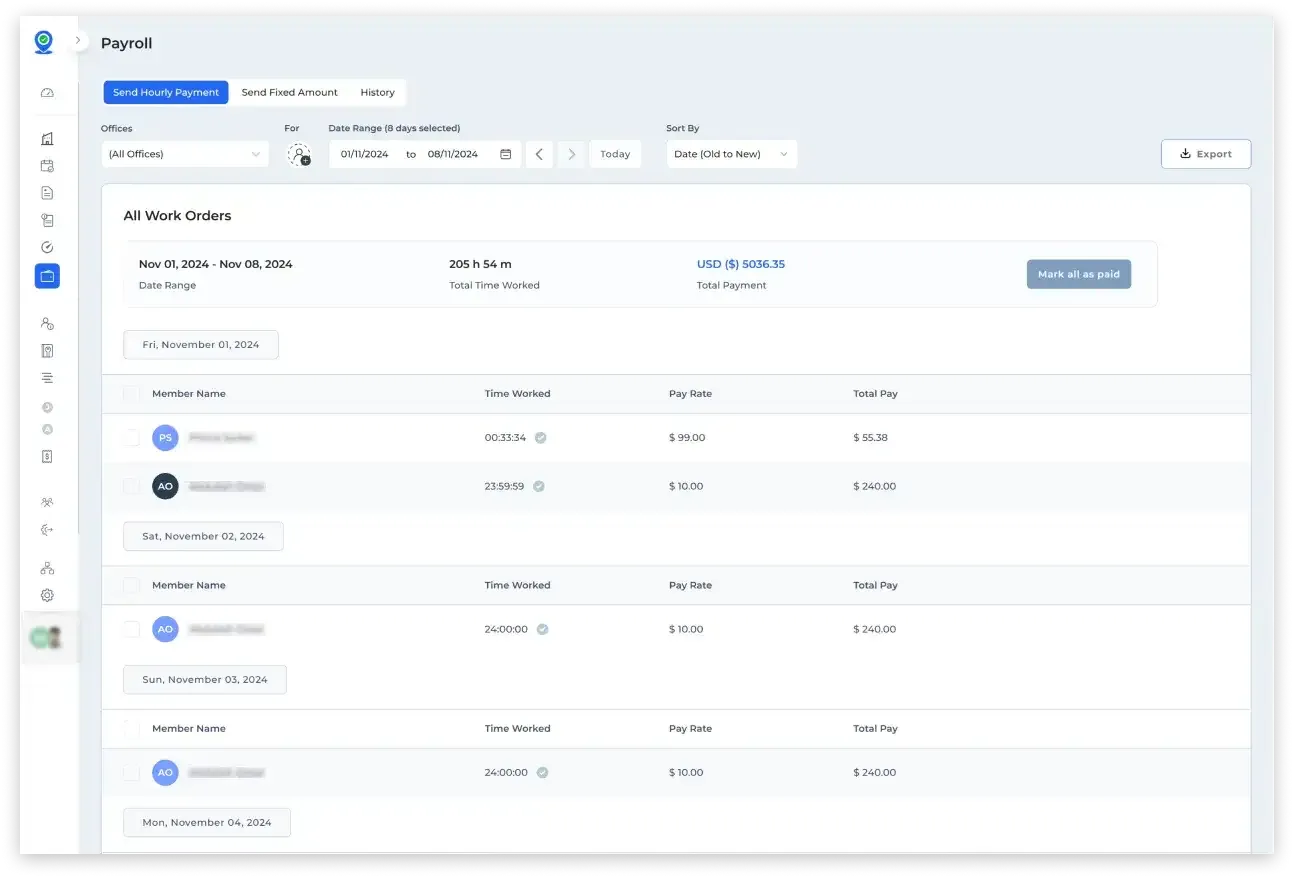 Field service payroll showing member list with pay rate, time worked, and total pay