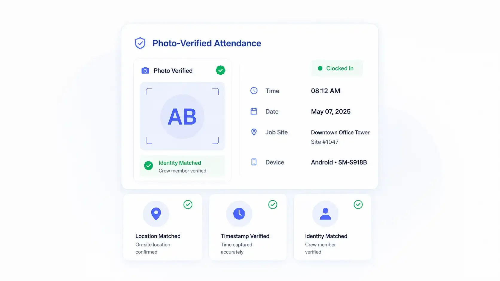 Photo-verified attendance dashboard with crew check-in