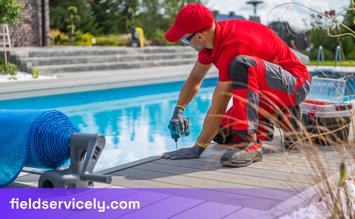 Pool service worker working on a pool
