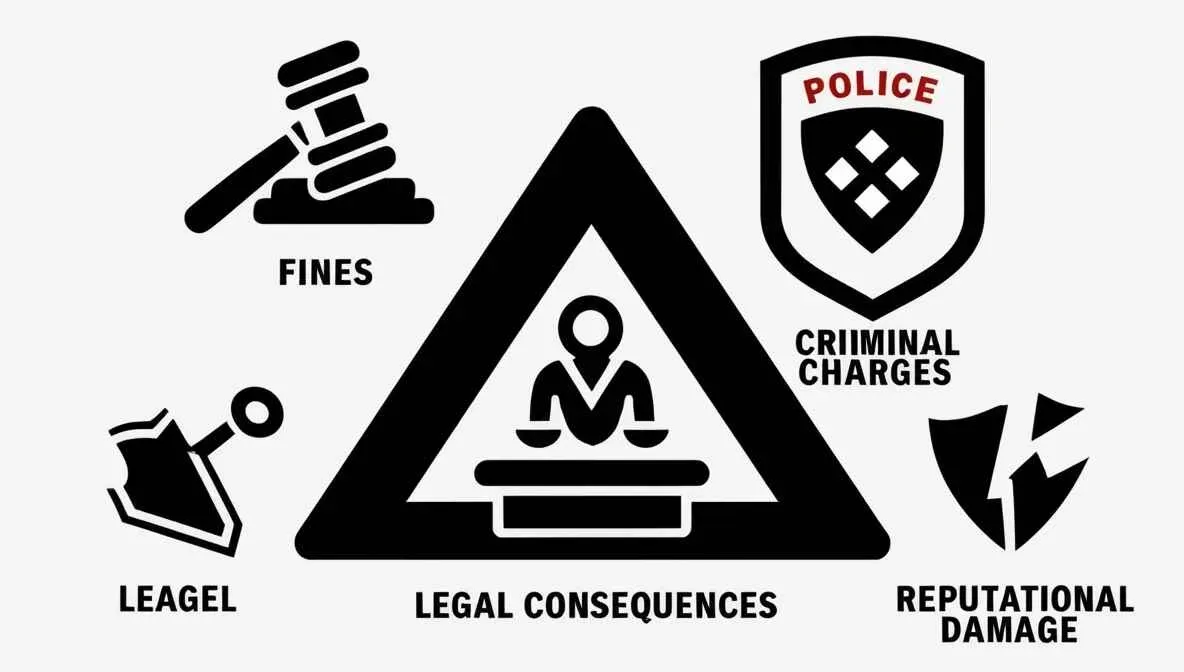 Illustration of legal consequences such as fines, criminal charges, and reputational damage.
