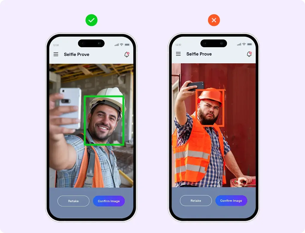 Selfie verification UI: valid vs invalid check-in to prevent buddy punching
