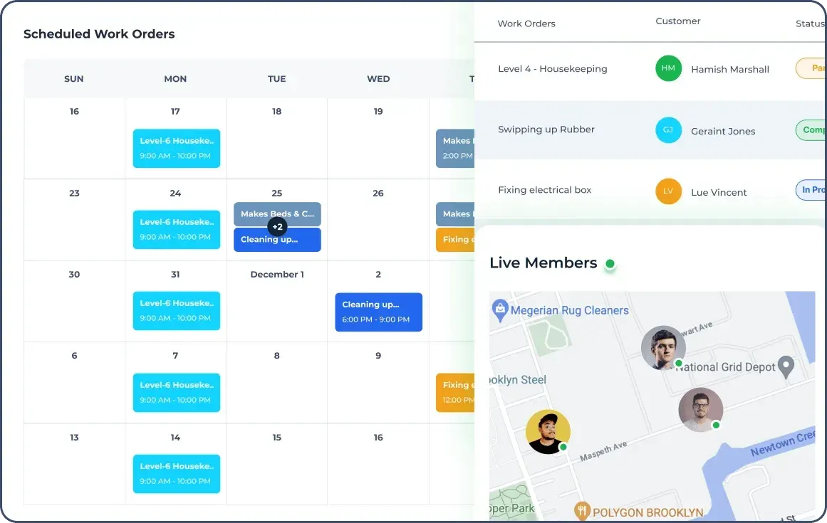 Calendar with work orders, task details, and live team locations shown on a map.