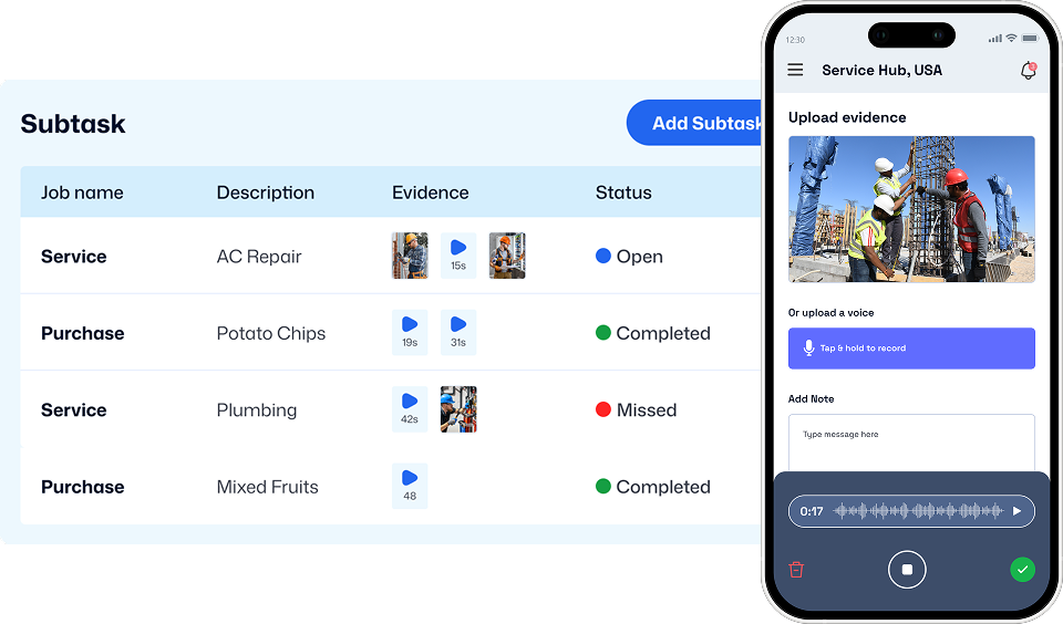 Subtask dashboard with mobile evidence upload screen