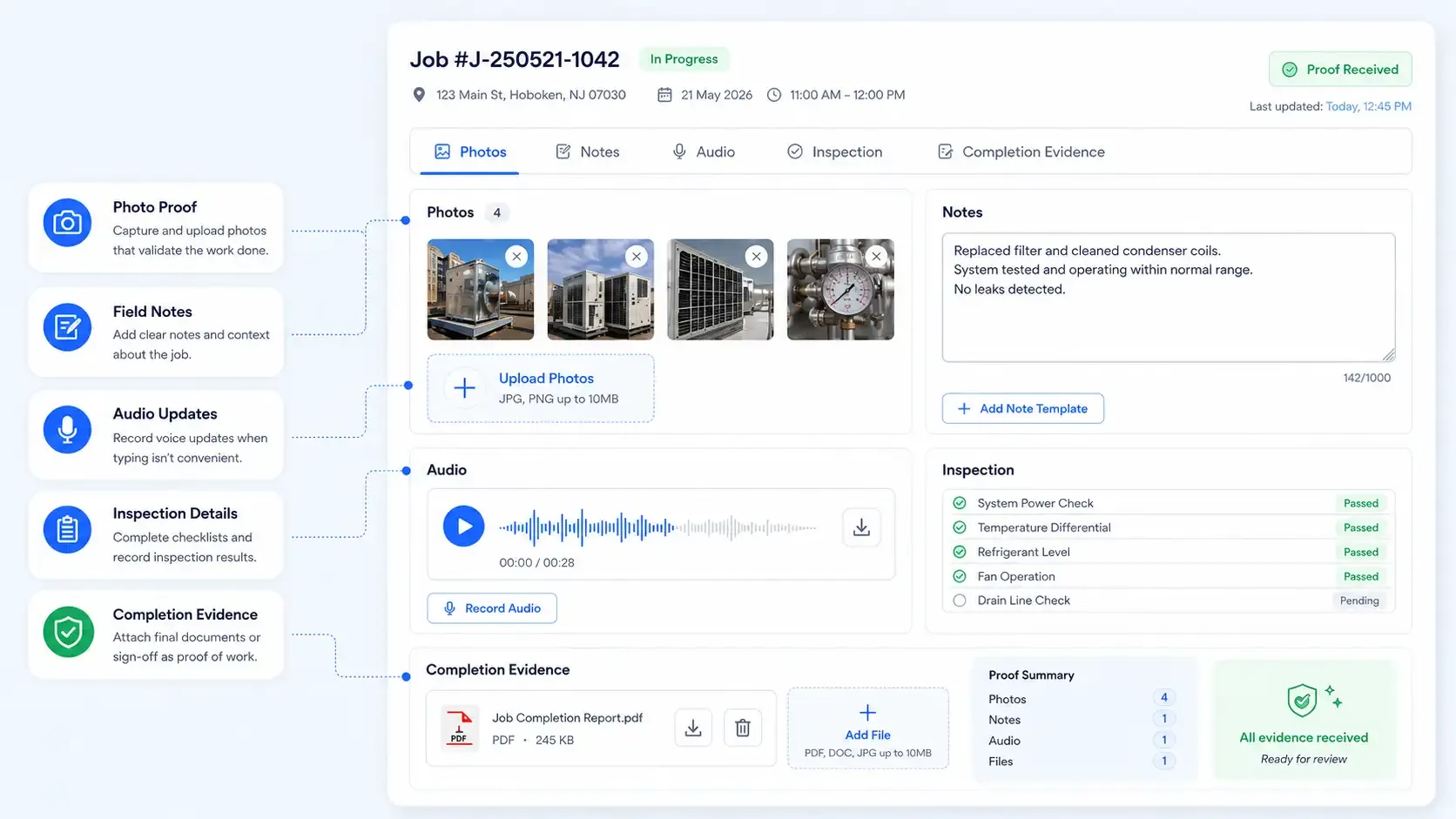 Proof of work collection dashboard with photos and notes