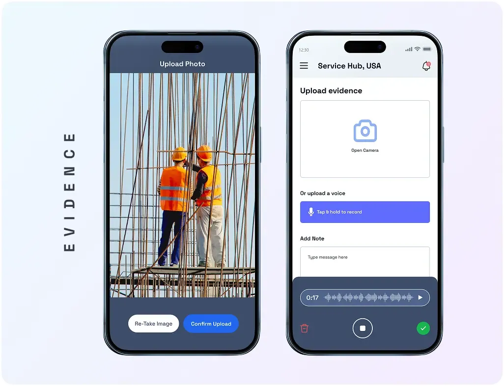 GPS time clock with proof of work: photo upload, voice note, job evidence