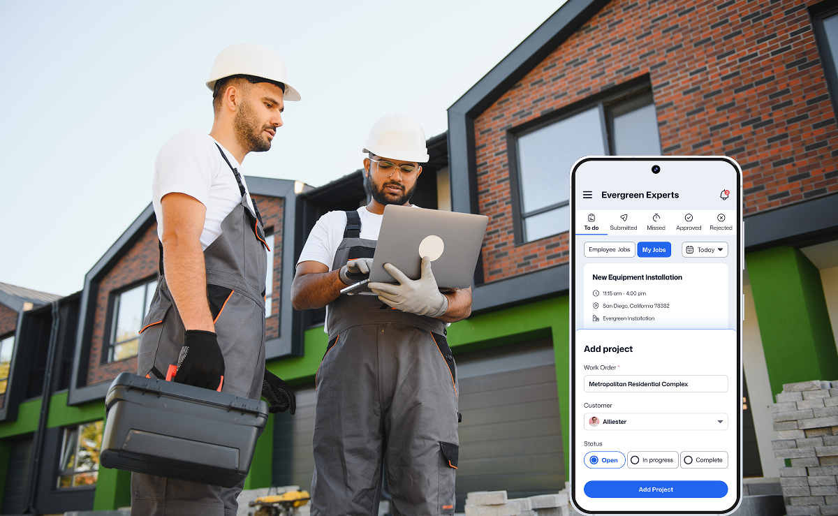 Two property maintenance worker on the left and a mobile app view for them on right