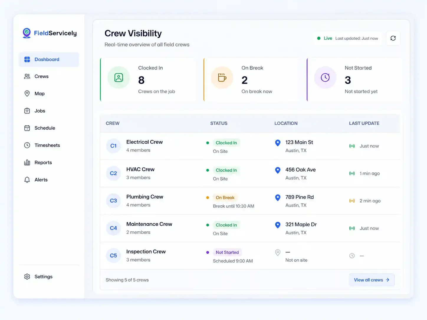 Real-time crew visibility dashboard with crew status