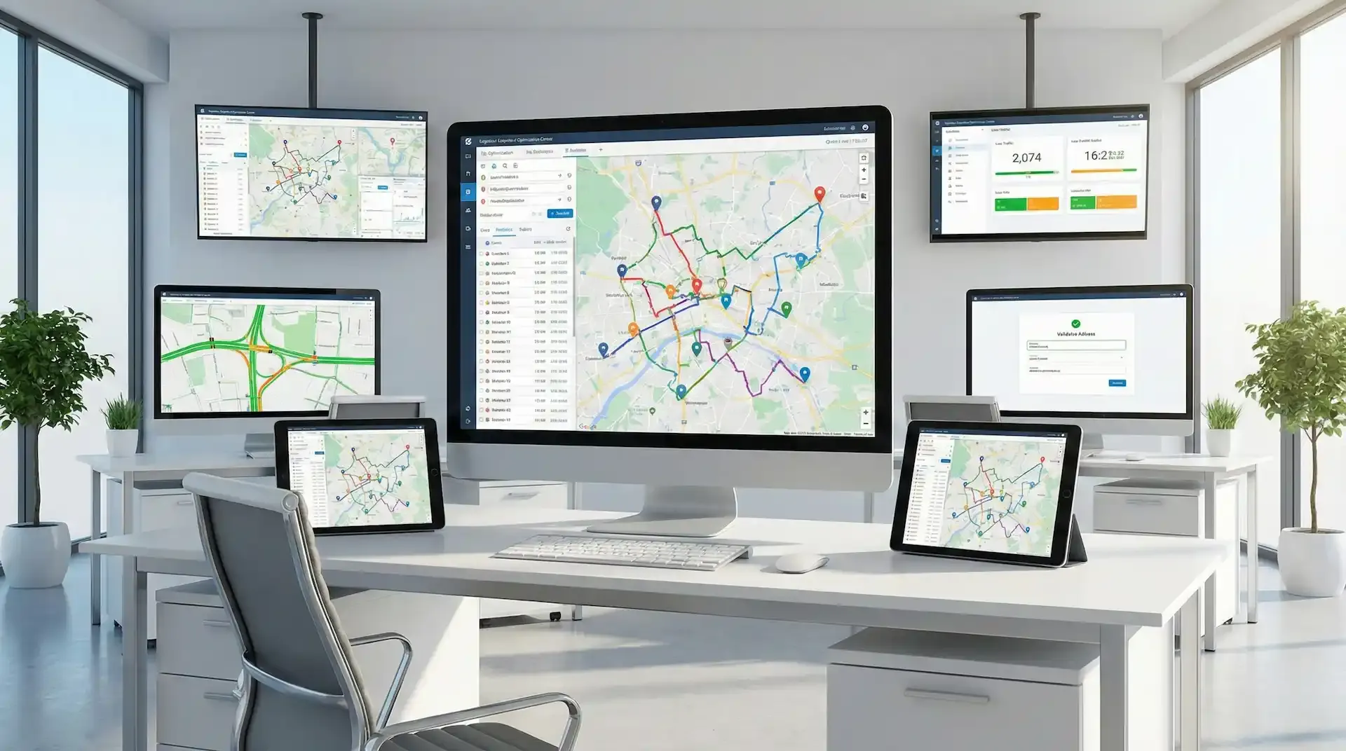 Control room with route optimization maps and delivery dashboards on screens