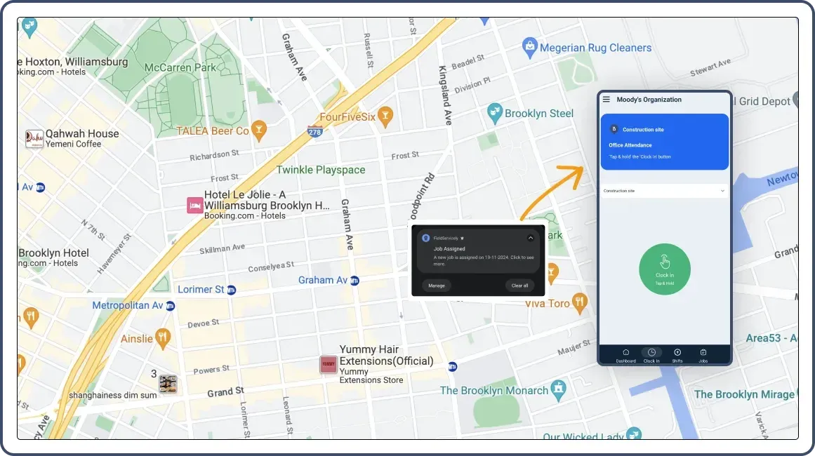 Map with notification of a new job assignment and a mobile screen showing clock-in option.