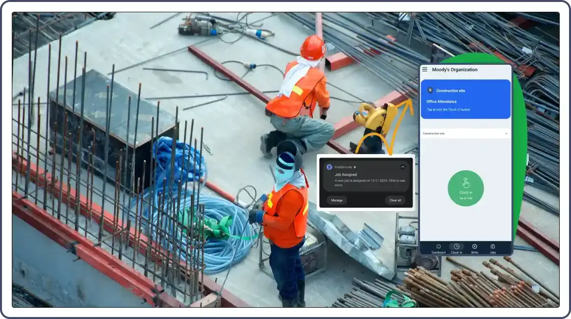 Construction workers working on site, and notification coming on the phone.