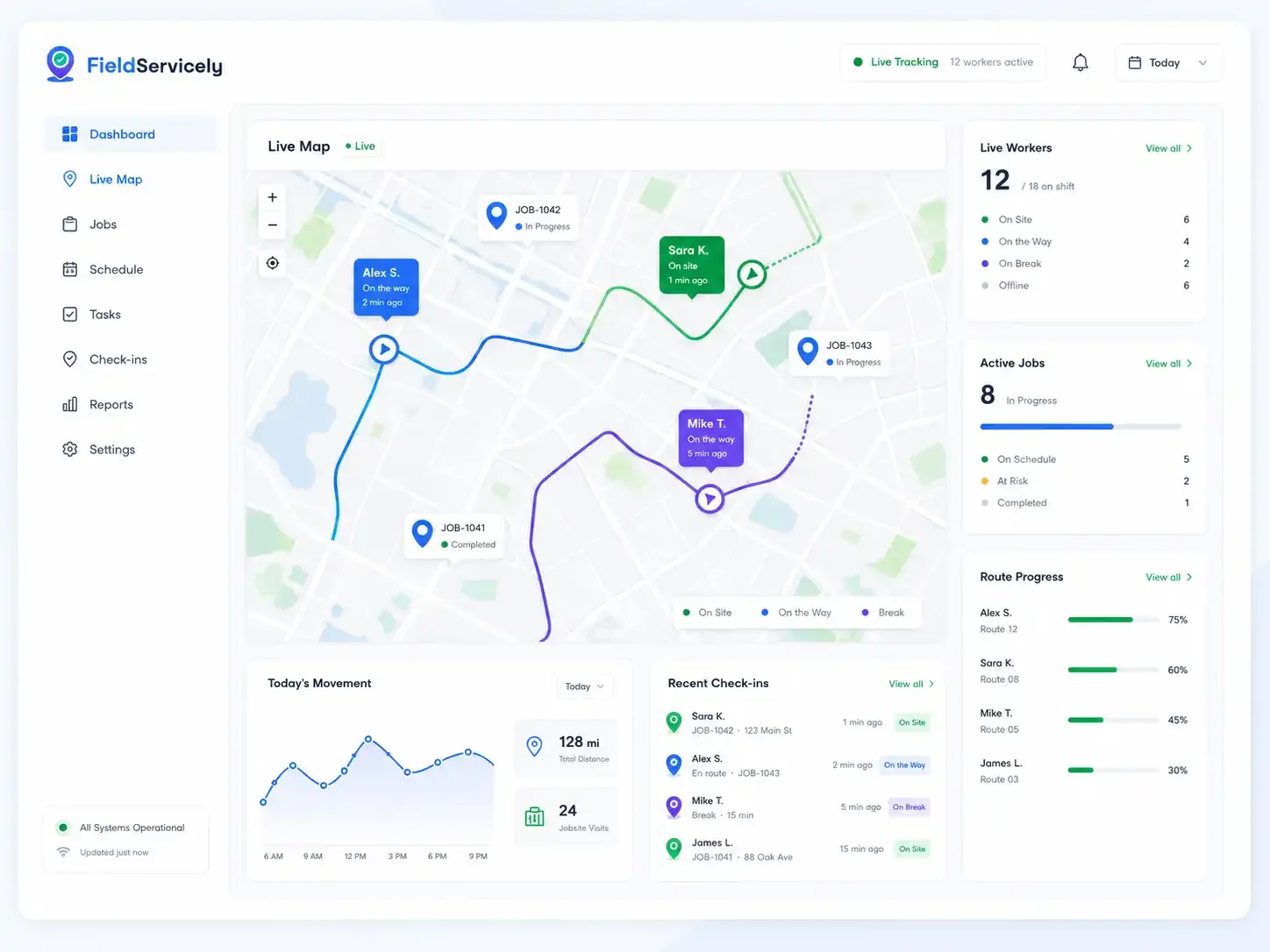 Live map view of field workers and job sites in mobile workforce management software