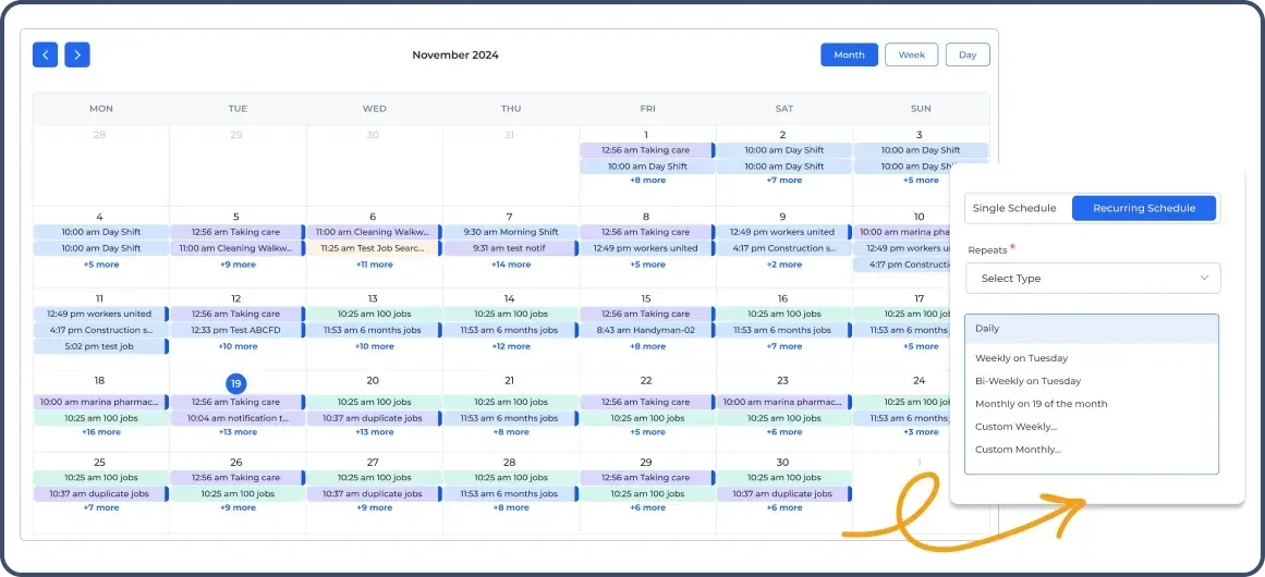  Field Service chimney sweep business software calendar interface for November 2024 displaying scheduled tasks and events.