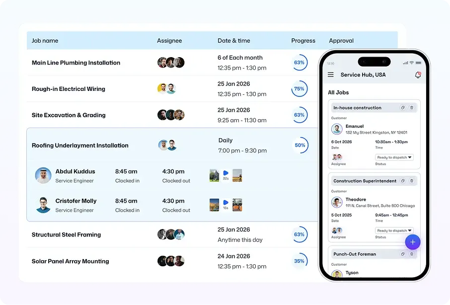 Job scheduling dashboard table with assignees, dates, progress, and mobile app