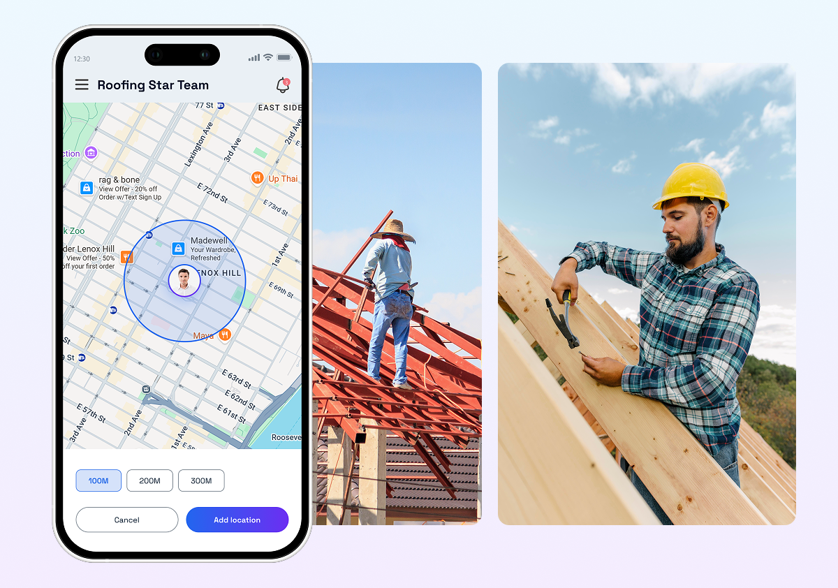 FieldServicely mobile app on the left and two roofers working