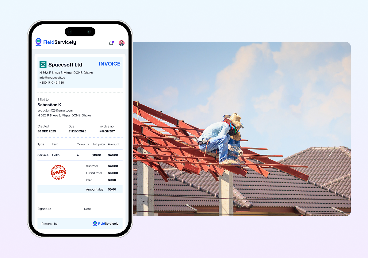 Roofer working on the right and mobile app with an invoice on the left