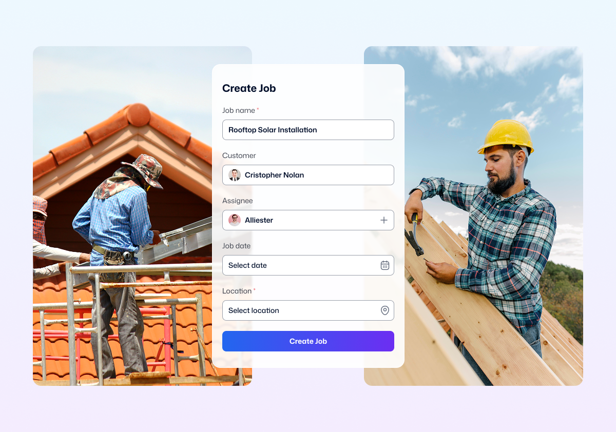 Roofers working on both side and scheduling app in the middle