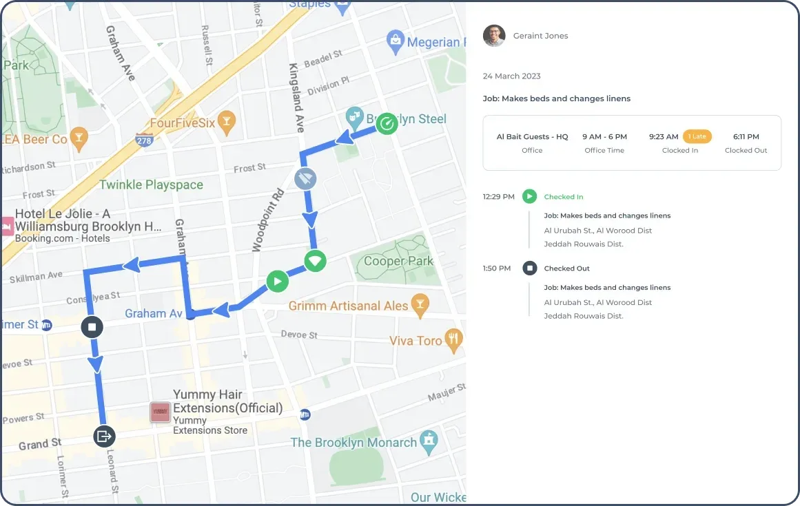 Route map with job details, check-in/out times, and task updates.