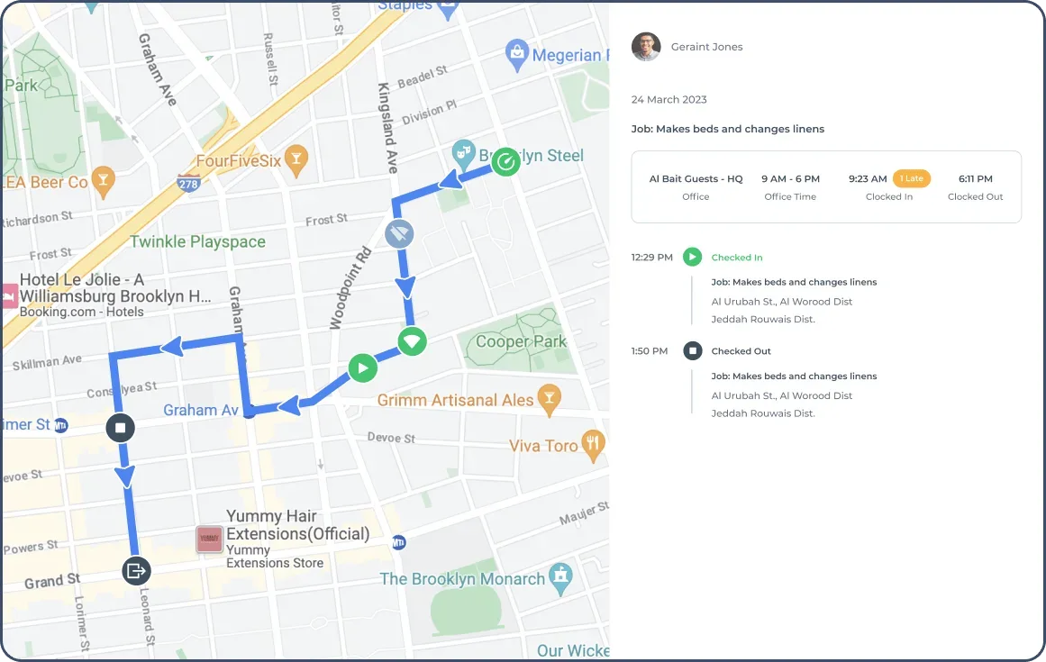 Blue route map on a map, with tracked time on the right.