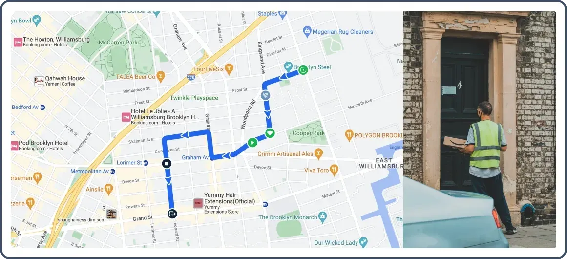 Route map marked with blue line and arrow for GPS navigation to the job location. 