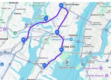 Optimized route map with stops across Jersey City area
