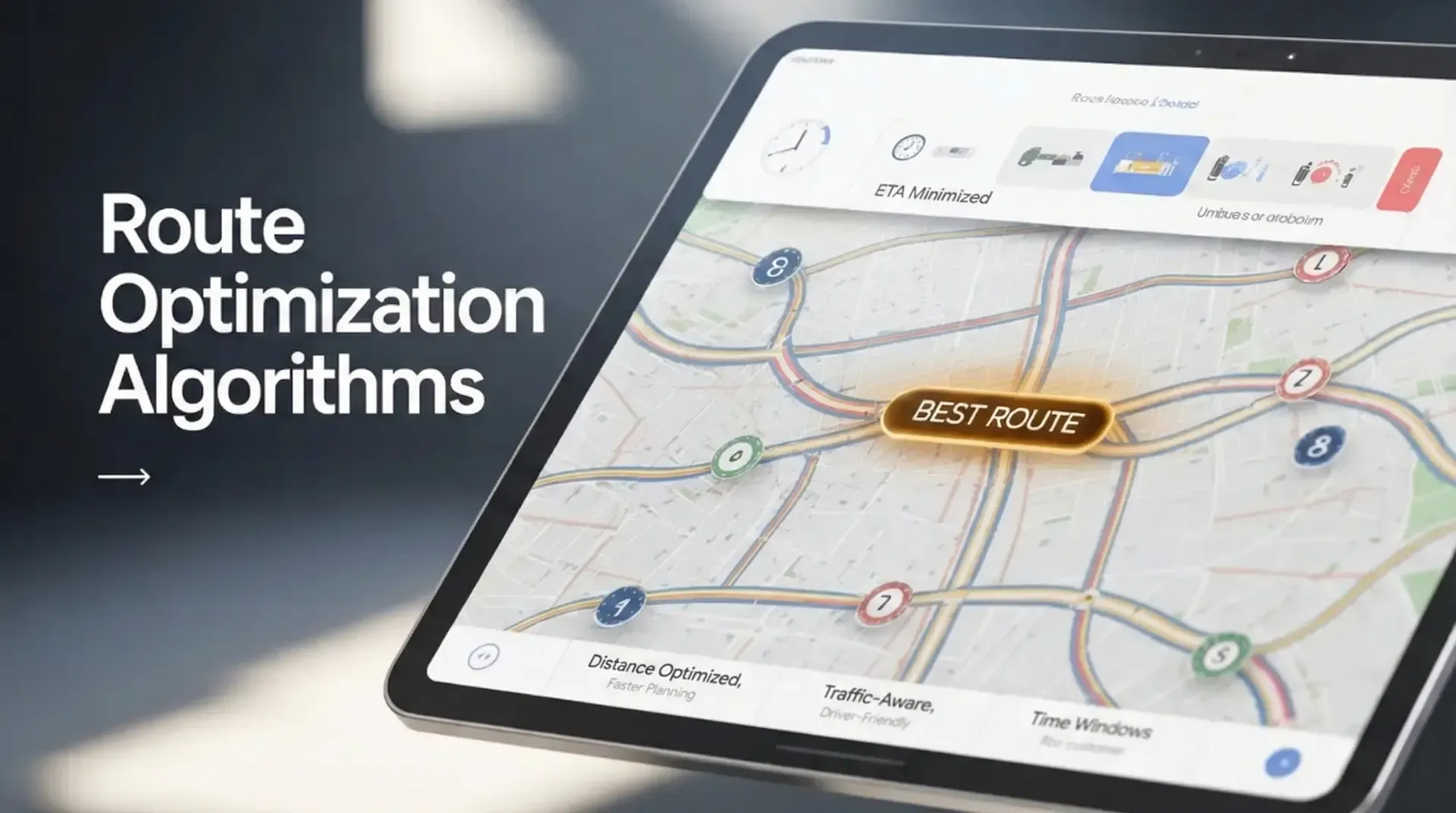 Tablet map UI highlighting the best route for route optimization algorithms