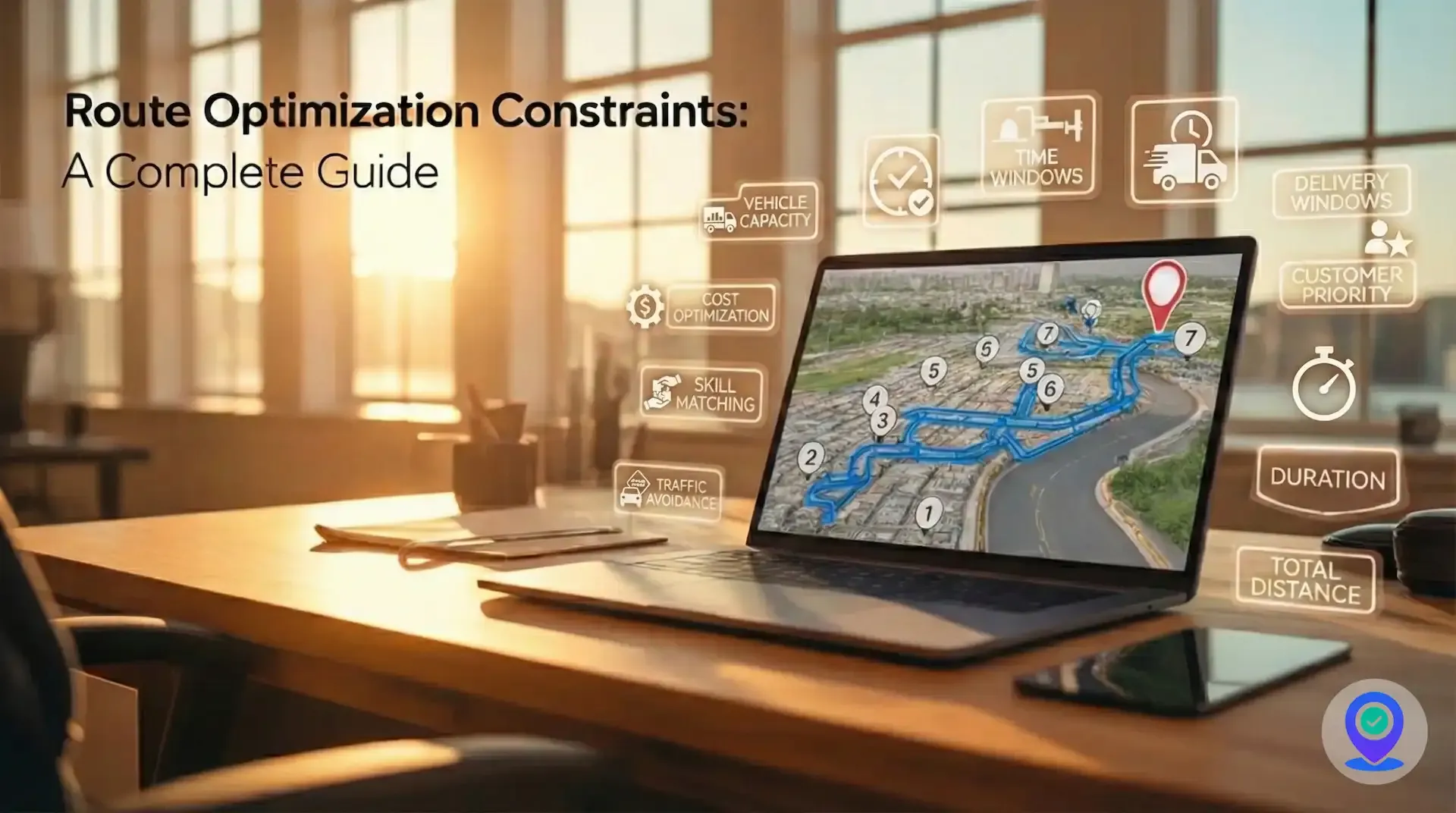 Route optimization constraints guide cover with laptop map and constraint icons