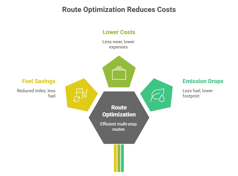 Route optimization cost savings diagram: fuel savings and emission drops