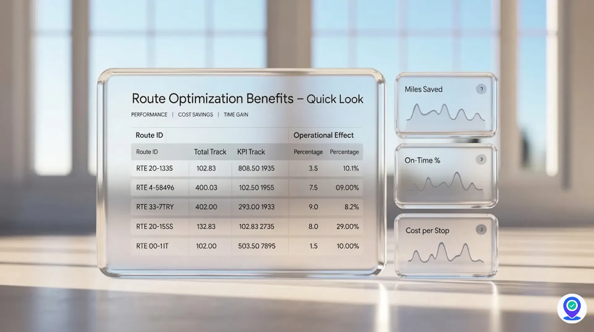 Route optimization KPI dashboard showing miles saved, on-time rate, and cost per stop