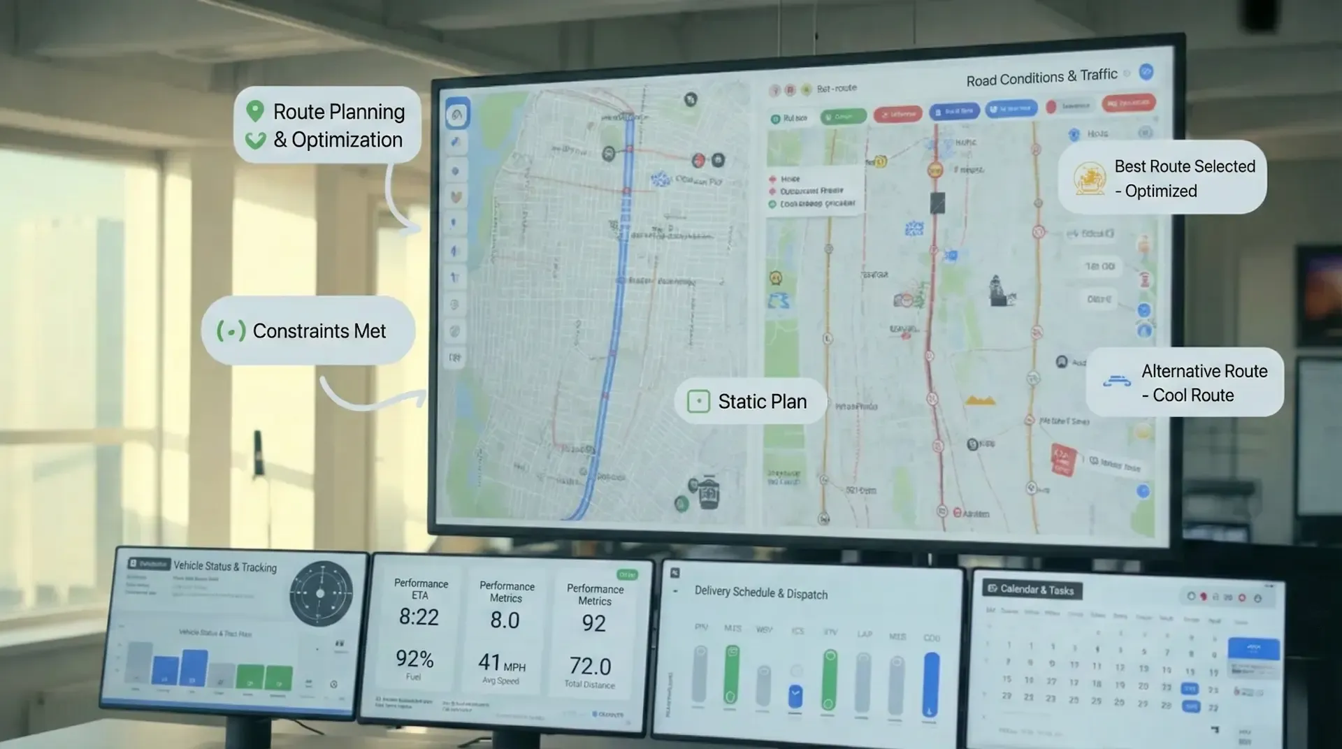 Route planning dashboard on large screen with traffic map and KPIs