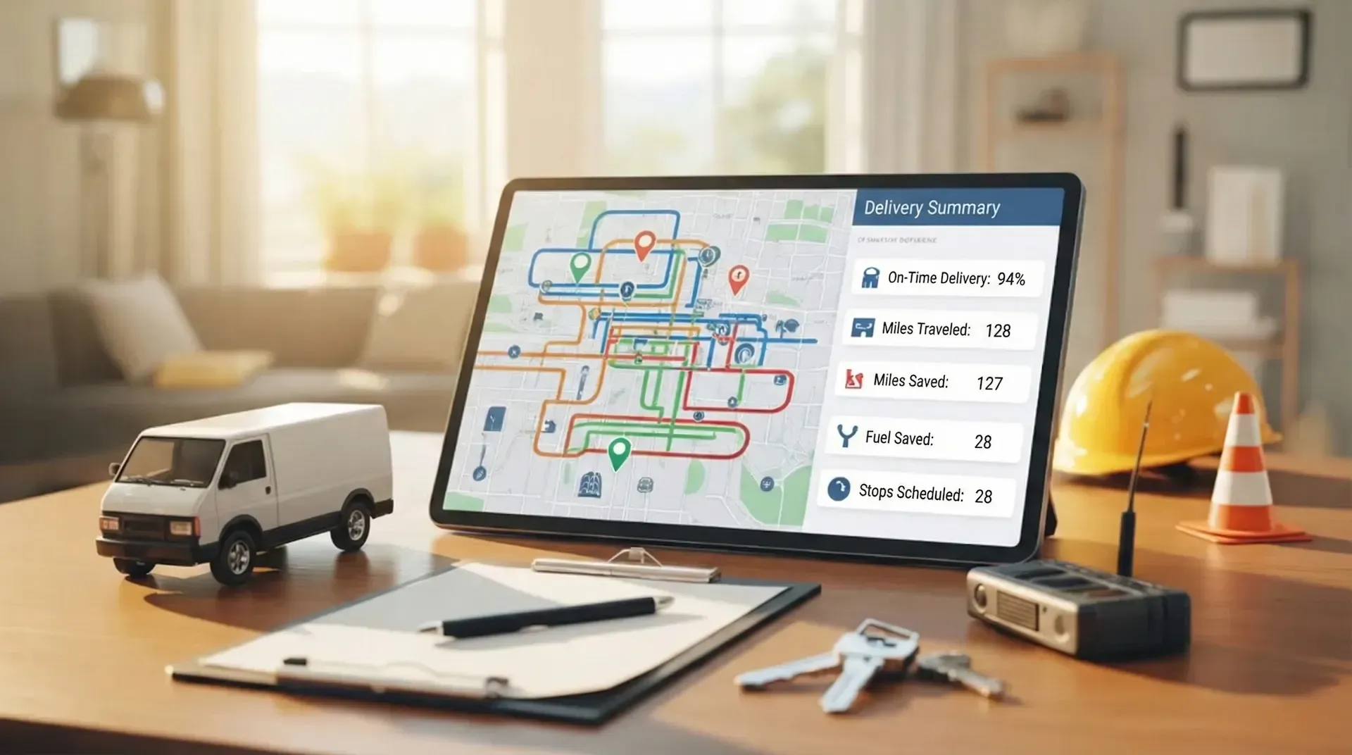 Tablet showing delivery route map and performance summary on a work desk