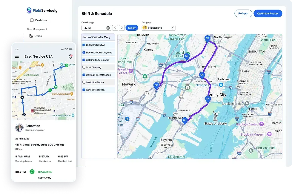 Field service dashboard and mobile app showing optimized technician routes