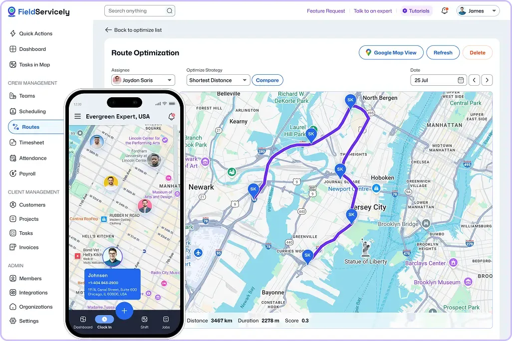 Route optimization dashboard with mobile map interface