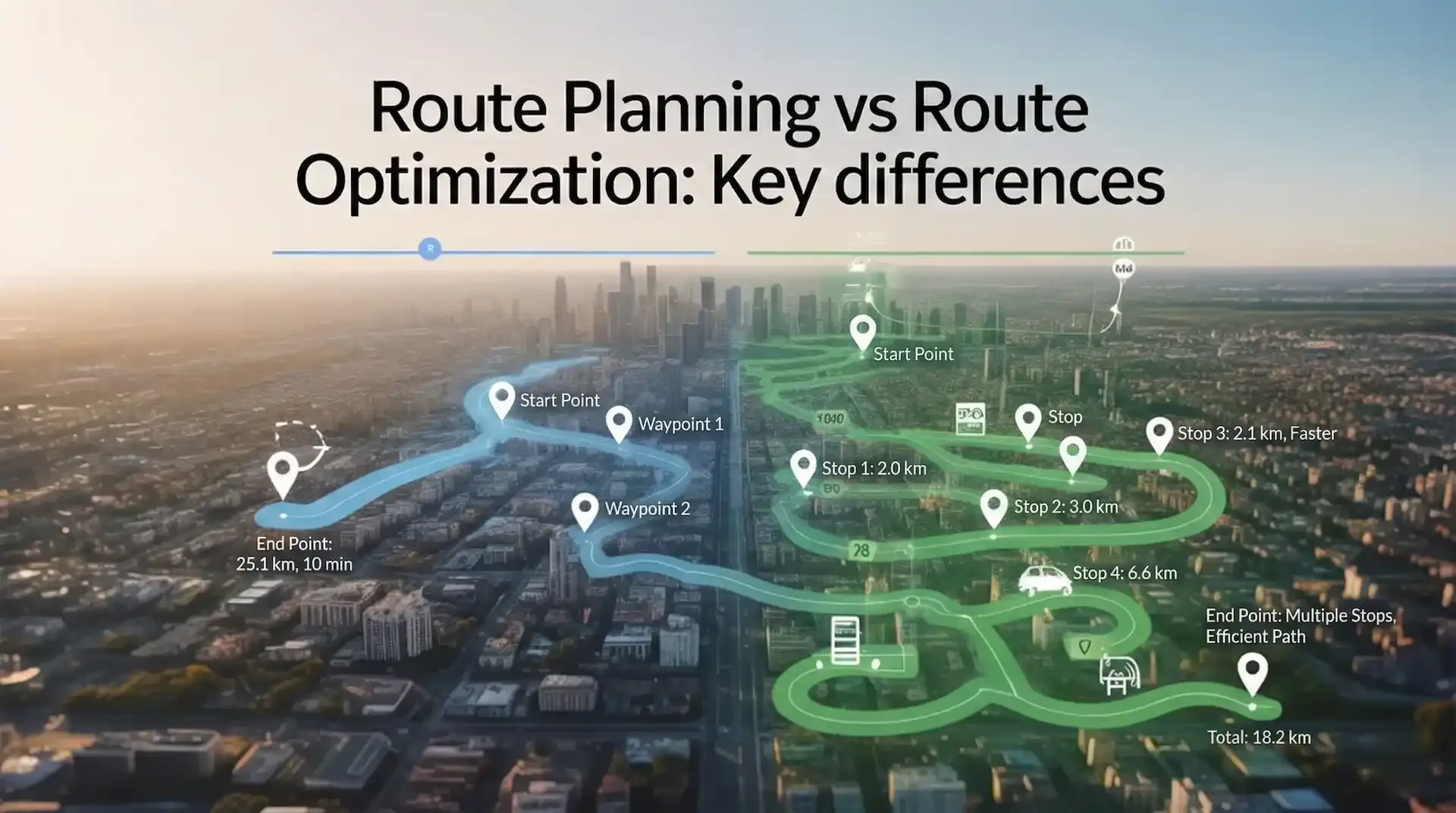 Route planning vs route optimization graphic over city map with stop markers