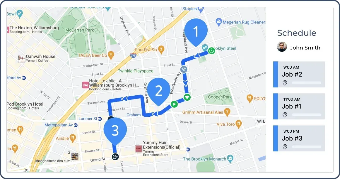 Map with numbered job locations and schedule listing Job #2, #1, and #3.