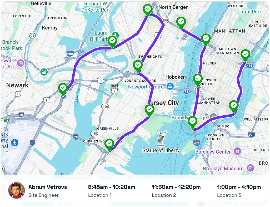 GPS route history map showing employee job site visits and timestamps