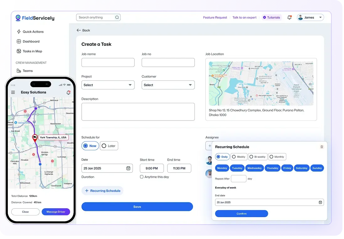 Task creation dashboard with mobile route scheduling