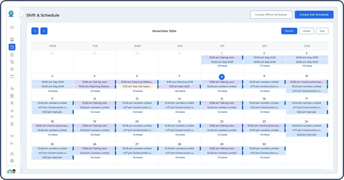 Monthly shift and schedule view for November 2024 with multiple jobs listed per day.