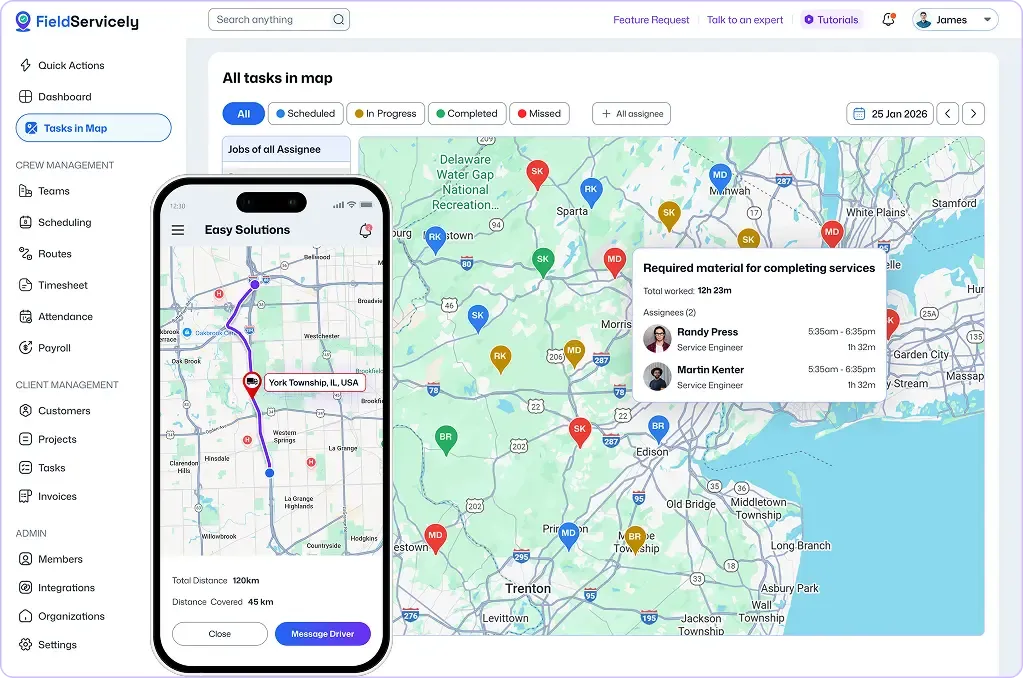 Map dashboard with mobile route planning and job status