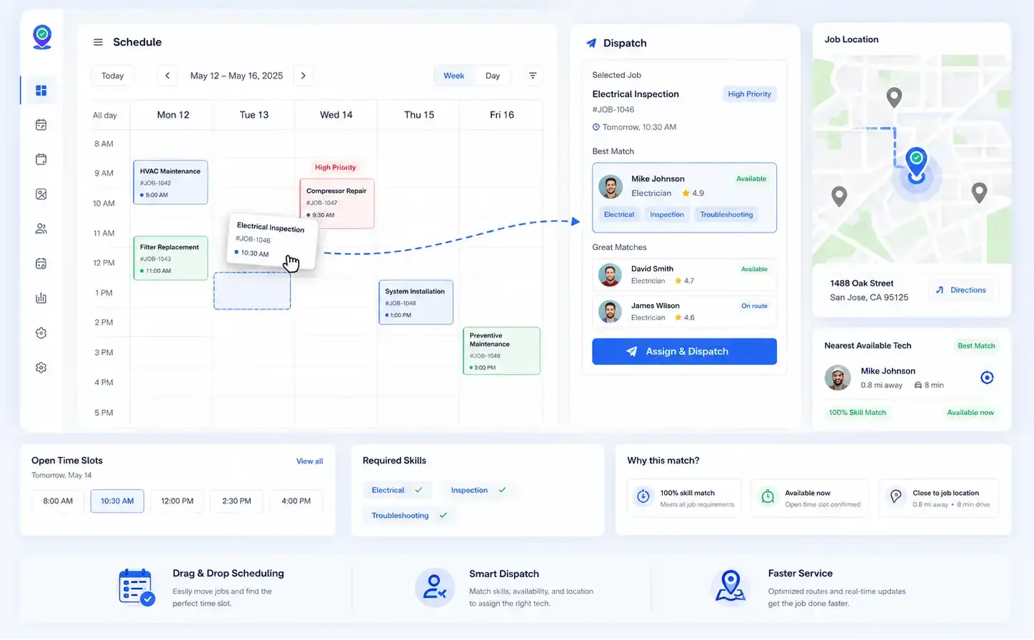 Scheduling calendar, assigning field jobs to mobile technicians
